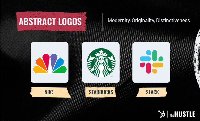 روانشناسی شکل در طراحی لوگو: لوگوهای انتزاعی مانند NBC، Starbucks و Slack مدرنیته، اصالت و متمایز بودن را منتقل می کنند.